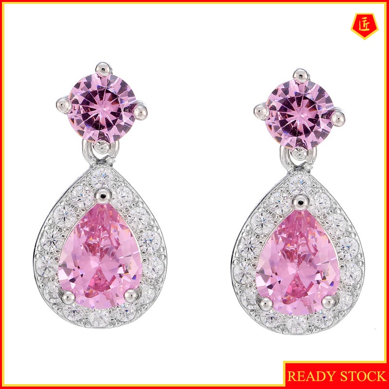 [Ready Stock]Fashion Diamond-Encrusted Twin Pink Gemstone Earrings
