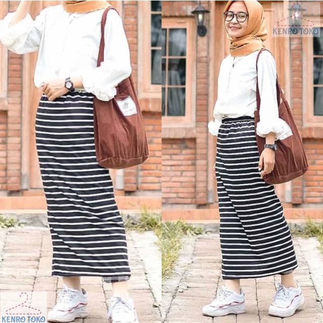 Rok Panjang Wanita Motif Stripe Korea Korean Long Skirt Garis Hitam Putih