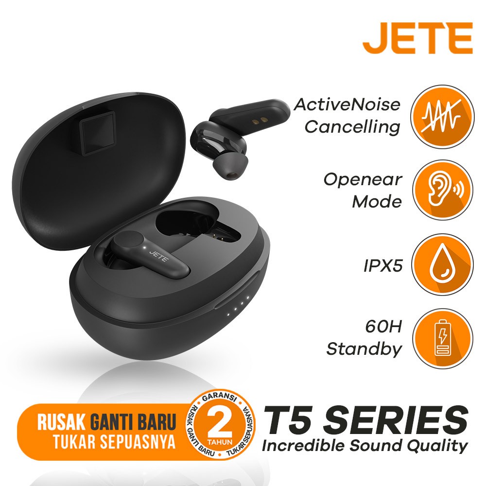 TWS Earbuds Headset Bluetooth | Earphone Bluetooth JETE T5 ANC Active Noise Cancelling - Garansi  2 Tahun
