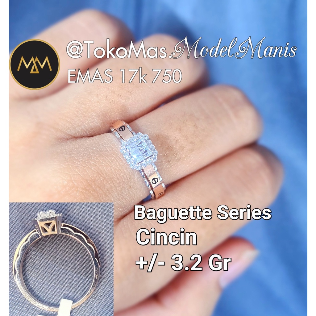 Cincin Italy Cartie* Baguette series emas putih kombinasi rosegold 750 kadar 17k