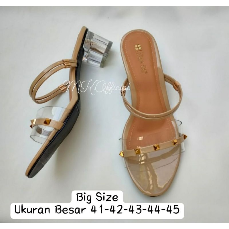 Sandal Makazi Wanita Big Size 41 42 43 44 45 / Slop Valentino Hak Kaca 5cm JUMBO Besar Heel Krem, 41