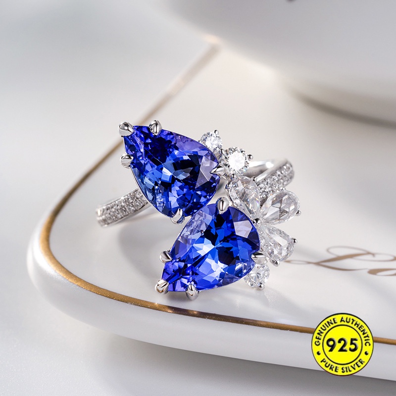 Cincin Berlian Sapphire Model Terbuka Dapat Disesuaikan Gaya Elegan Untuk Wanita