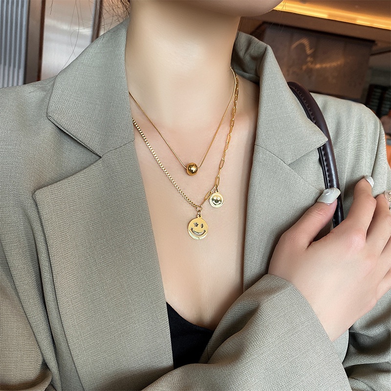Kalung dua layer smile rantai kombinasi titanium korea style anti karat