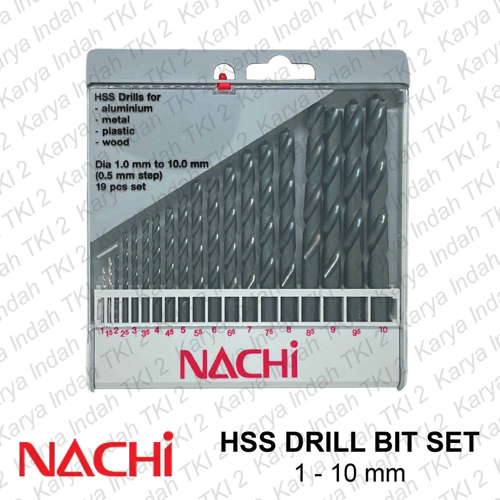 Mata Bor Besi Set 19 Pcs NACHI 1-10mm HSS Twist Drill Bit 1 mm - 10 mm Steel Aluminium Kayu Wood Pla