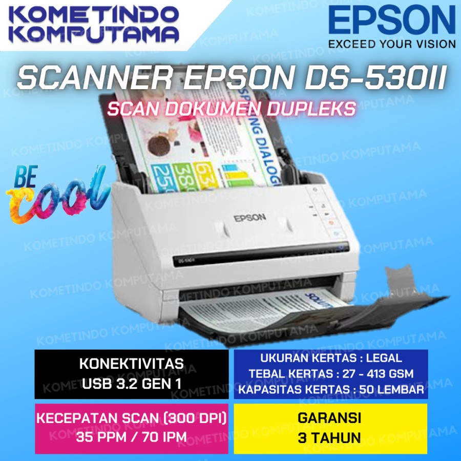 TKDN Epson WorkForce DS-530II A4 Duplex Sheet-fed Document Scanner / A4 Duplex Sheet Fed Colour Scanner Ganti DS530