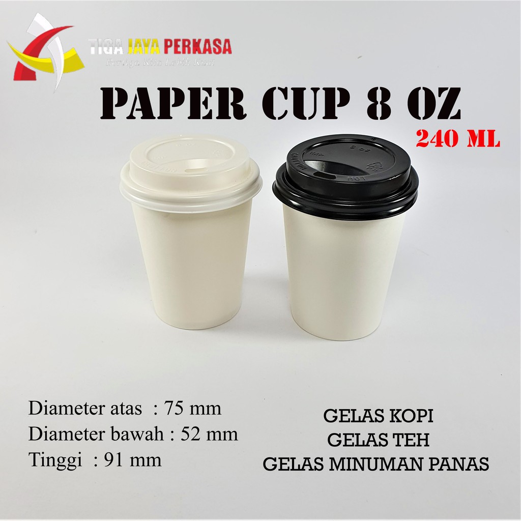 PAPER CUP 8 OZ POLOS / GELAS KERTAS / GELAS KOPI 240 ML. BAHAN TEBAL + TUTUP