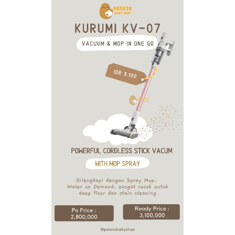 Kurumi KV 07 Powerful Cordless Stick Vacuum Cleaner with Spray Mop