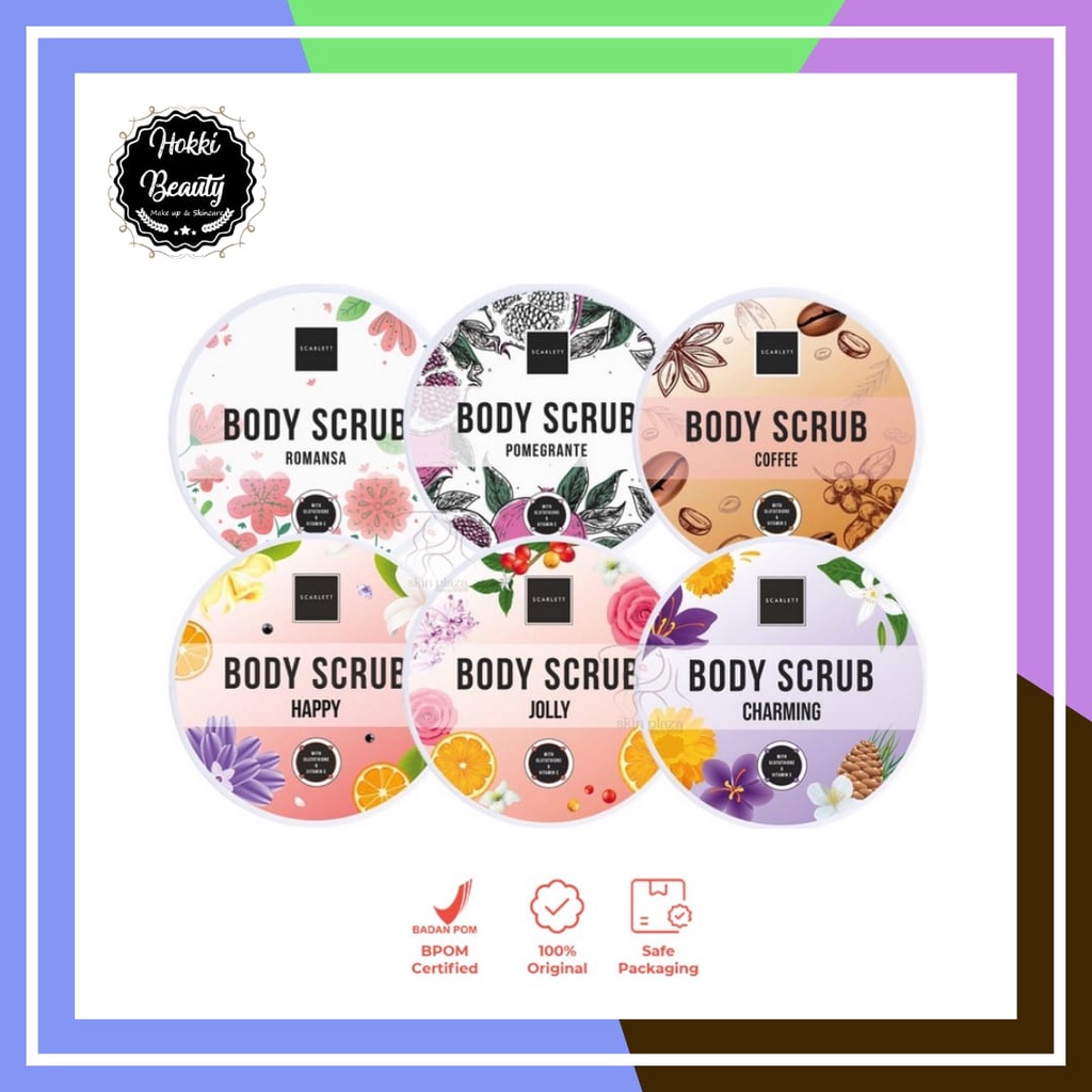 SCARLETT BODY SCRUB (LULUR BADAN) ROMANSA, POMEGRANTE, CHARMING, COFFE, JOLLY, HAPPY