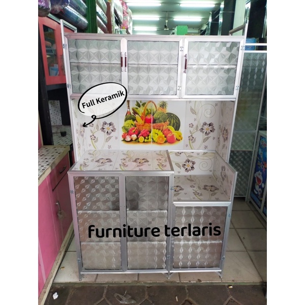 Lemari rak piring 3 pintu alumunium rak piring alumunium kaca keramik