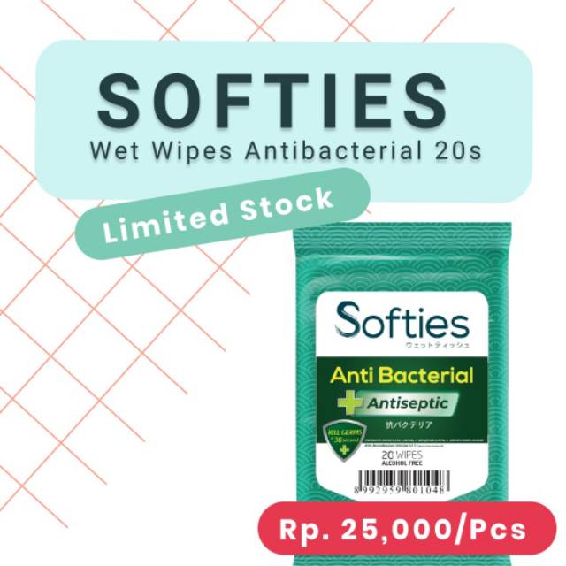 Softies Wet Wipes Antibacterial 20's