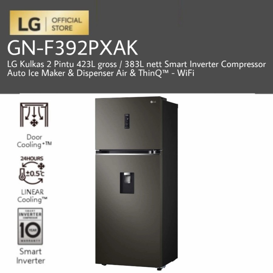 LG GN-F392PXAK Kulkas 2 Pintu 423L Auto Ice Maker