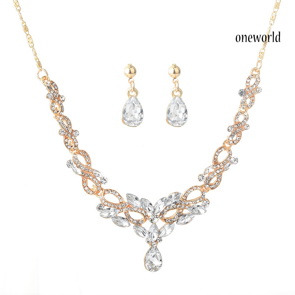 OW@ Fashion Jewelry Set Women Rhinestone Drop Hollow 8 Pendant Earrings Necklace