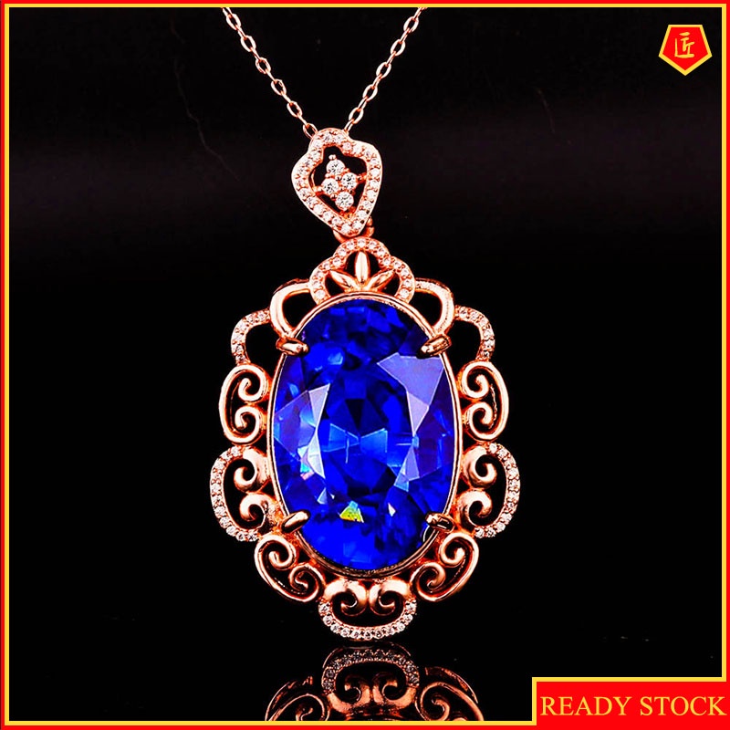 [Ready Stock]Luxury Inlaid Sapphire Pendant 18K Rose Gold Necklace Elegant Advanced