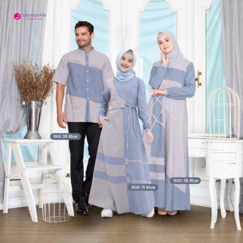 Gamis Couple Original RGD 38 Blue by Rauna Pride|Gamis Polos Kombinasi Dua Warna|Gamis Anak|Gamis Ke