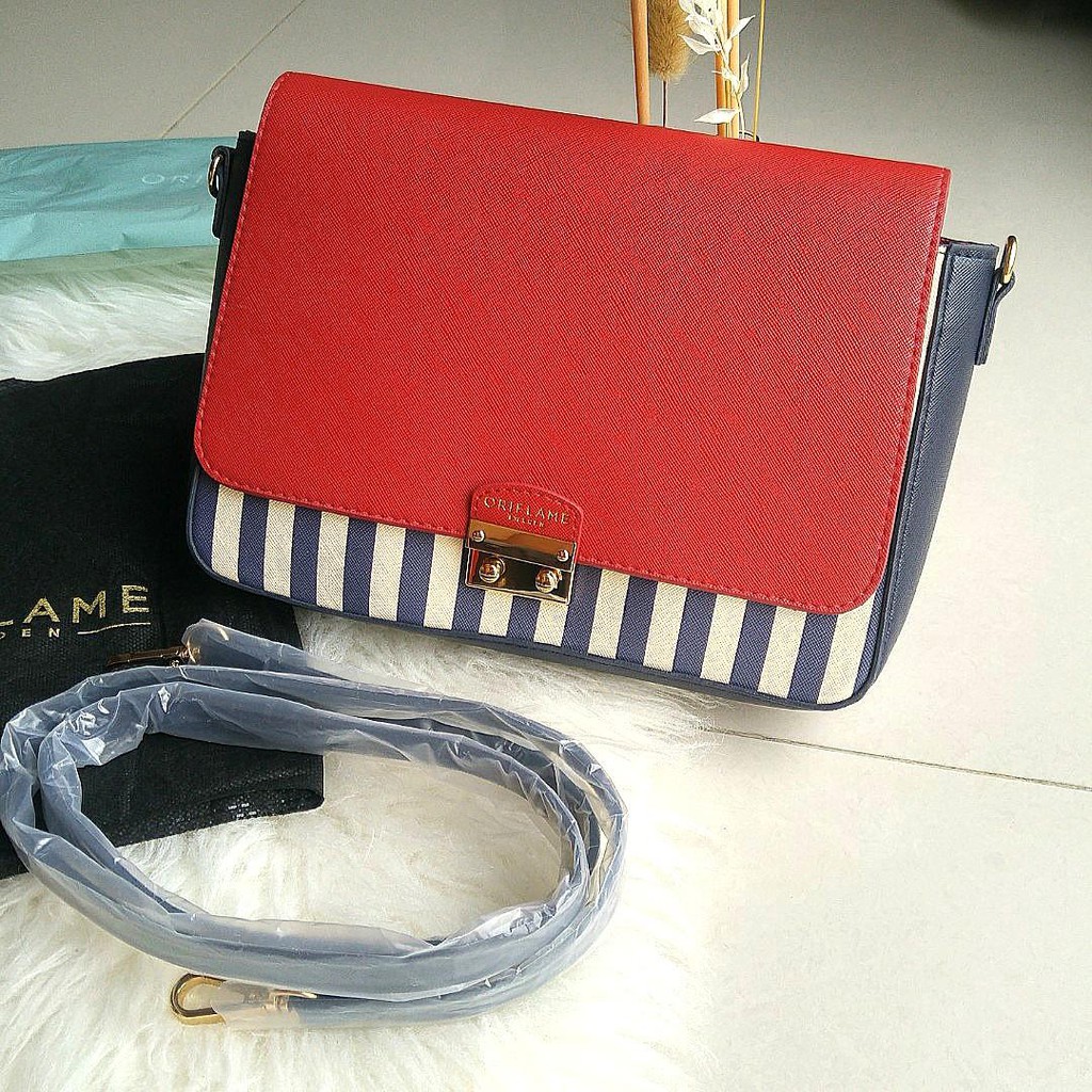 Tas selempang messenger bag clutch stripe navy red Oriflame Sweden