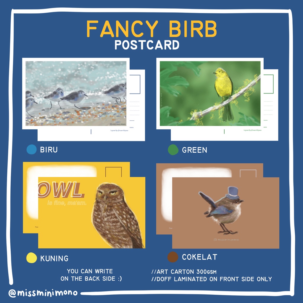 

Fancy Birb Bird Postcard by Missminimono