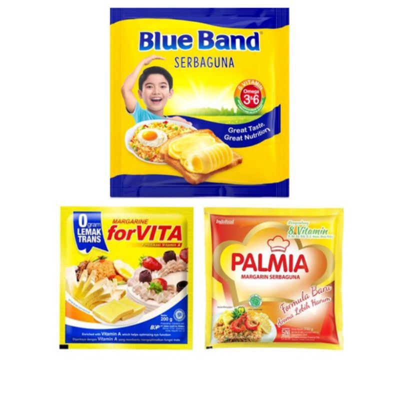 

Margarine sachet kemasan 200gr merk AMANDA/BLUE BAND/PALMIA/FORVITA/FILMA