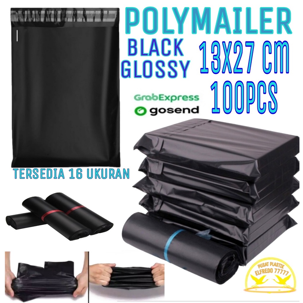 PLASTIK POLYMAILER 13X27 100PCS HITAM PE GLOSSY / PLASTIK PACKING AN ONILINE SHOP