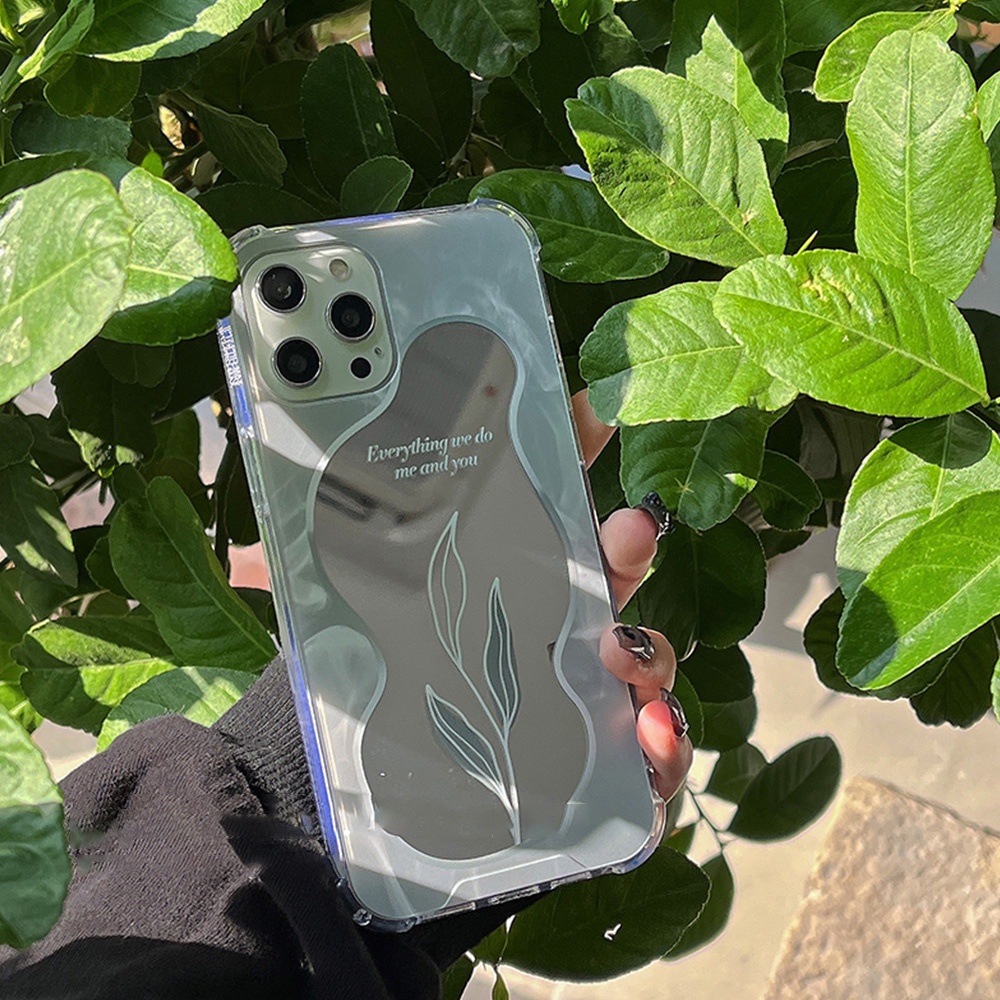 Casing tpu iPhone 13 12 11 Pro Max X XS Max XR 8 7 Plus Motif Daun Shockproof Aksen Cermin