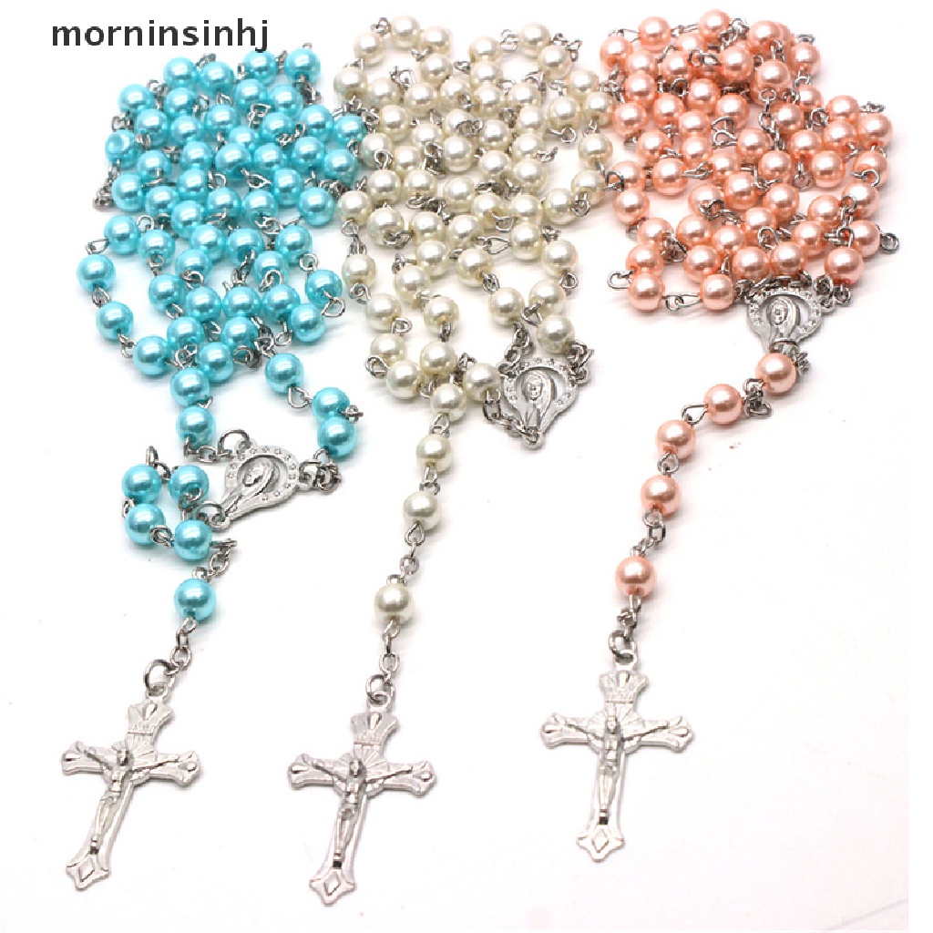 Mor Kalung Rosario Desain Manikmanik Mutiara Imitasisalib Yesus 6mm Gaya Katolik Untuk Pria