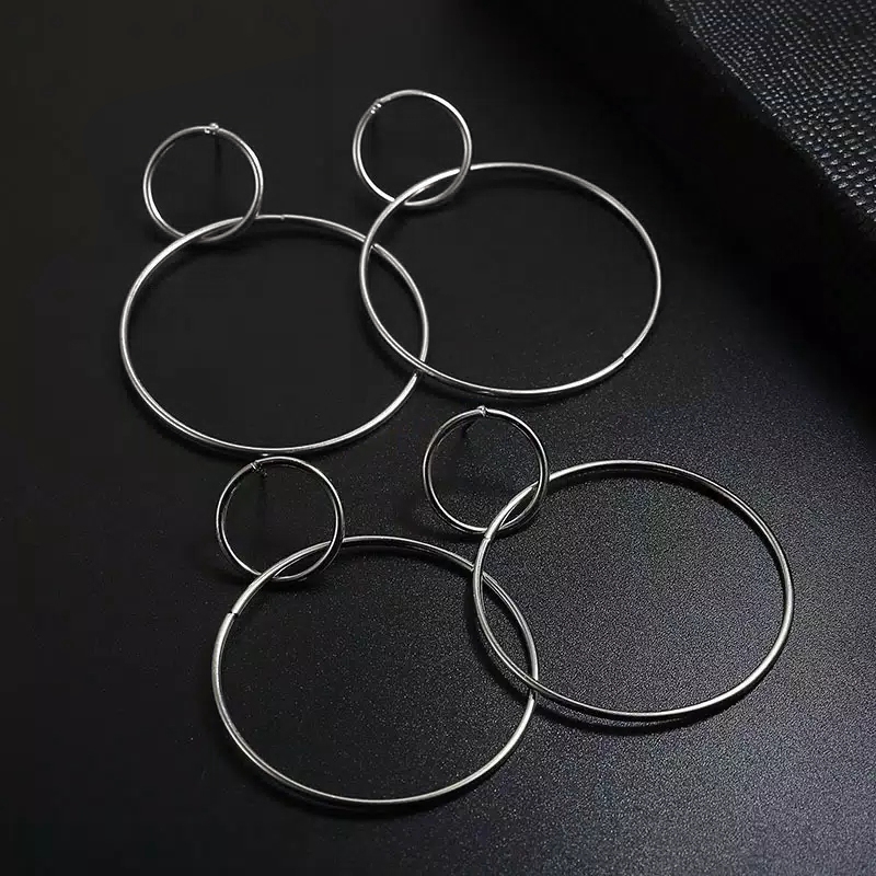 Anting tusuk panjang wanita kekinian versi korea Model Double Ring Bisa Untuk Hijab 396