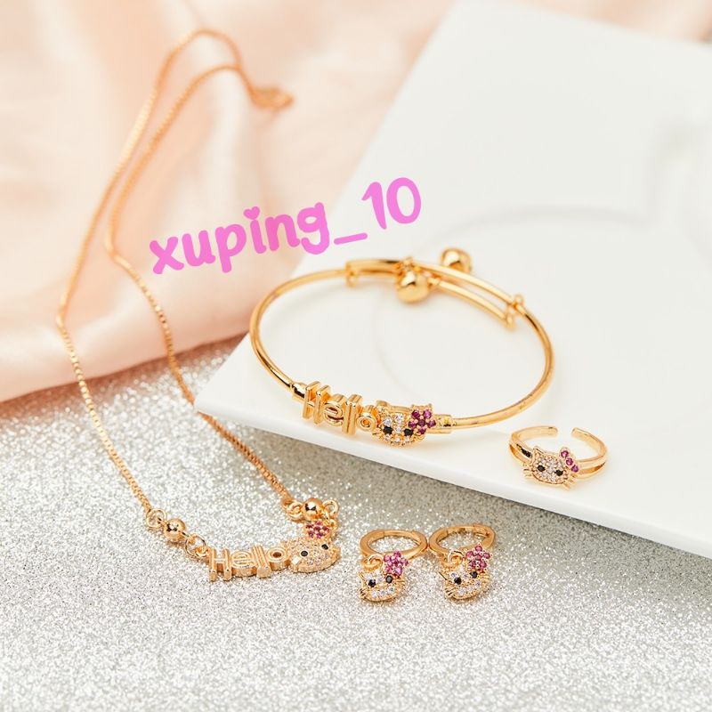 Set Perhiasan Anak Hello Kitty Gelang Anak Set Anting Lapis Emas 24k Kalung Anak Satu Set