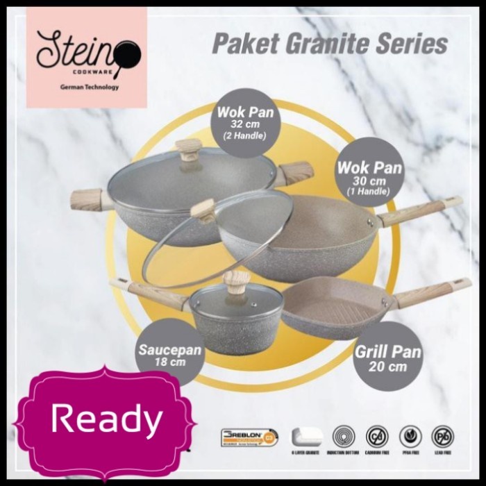 Stein Cookware Paket Wajan Wok Fry Pan Panci Onyx 4 Pcs Glass Lid