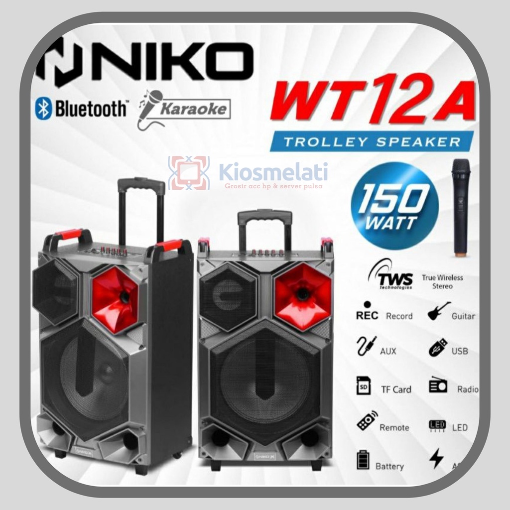 Trolley Speaker Niko WT12A 12 Inch 150 Watt RMS Free Mic Wireless WT-12A