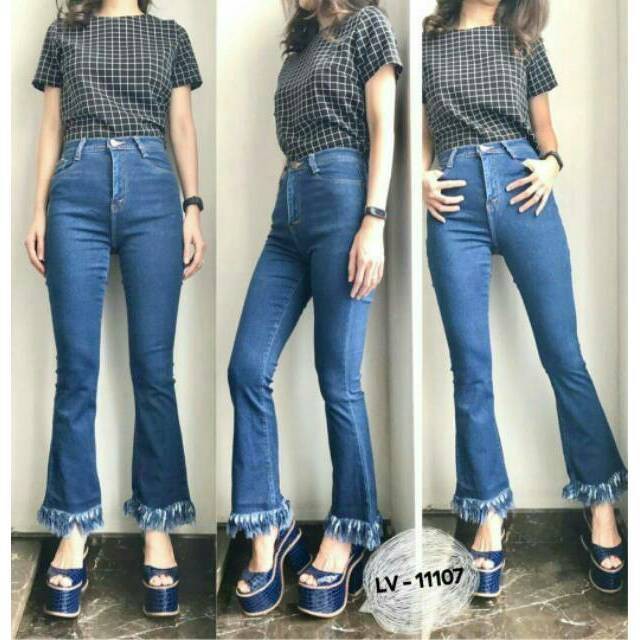 CELANA Jeans CUTBRAY PLAIN BLUELIGHT V4551 highwaist hw Wanita