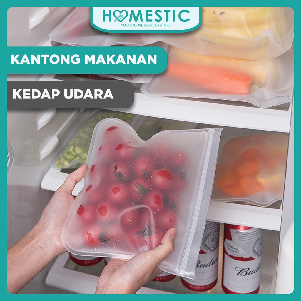 Reusable Silicone Food Bag Kantong Penyimpanan Makanan Kedap Udara Zipper Pouch / kantong makanan