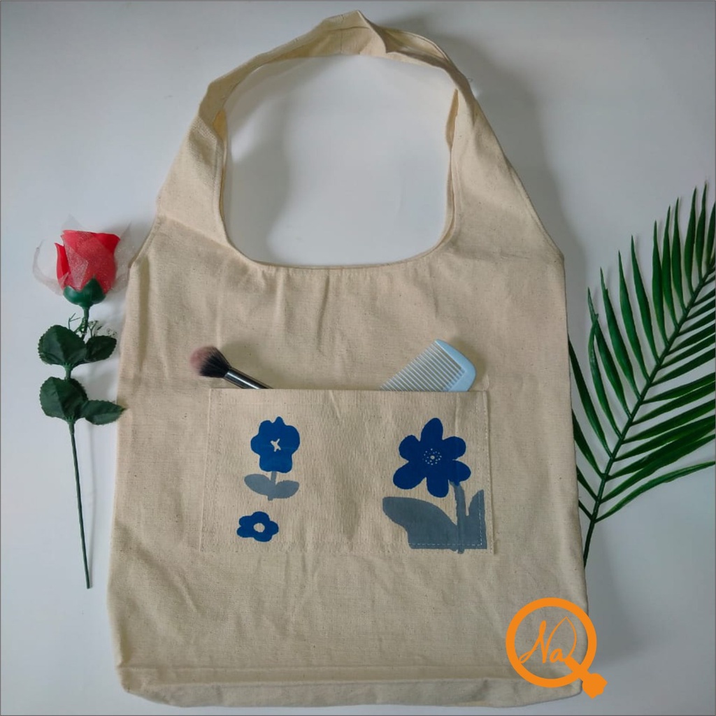 Totebag Vintage Tas tote Big Bahan Kanvas Tebal Tote Bag Kanvas-Bunga Navy Abu