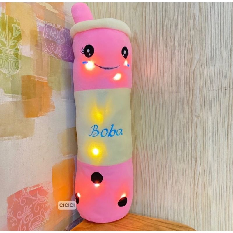 Guling Boneka Boba Milk Tea Lampu LED Nyala Kain Halus Tinggi 60cm