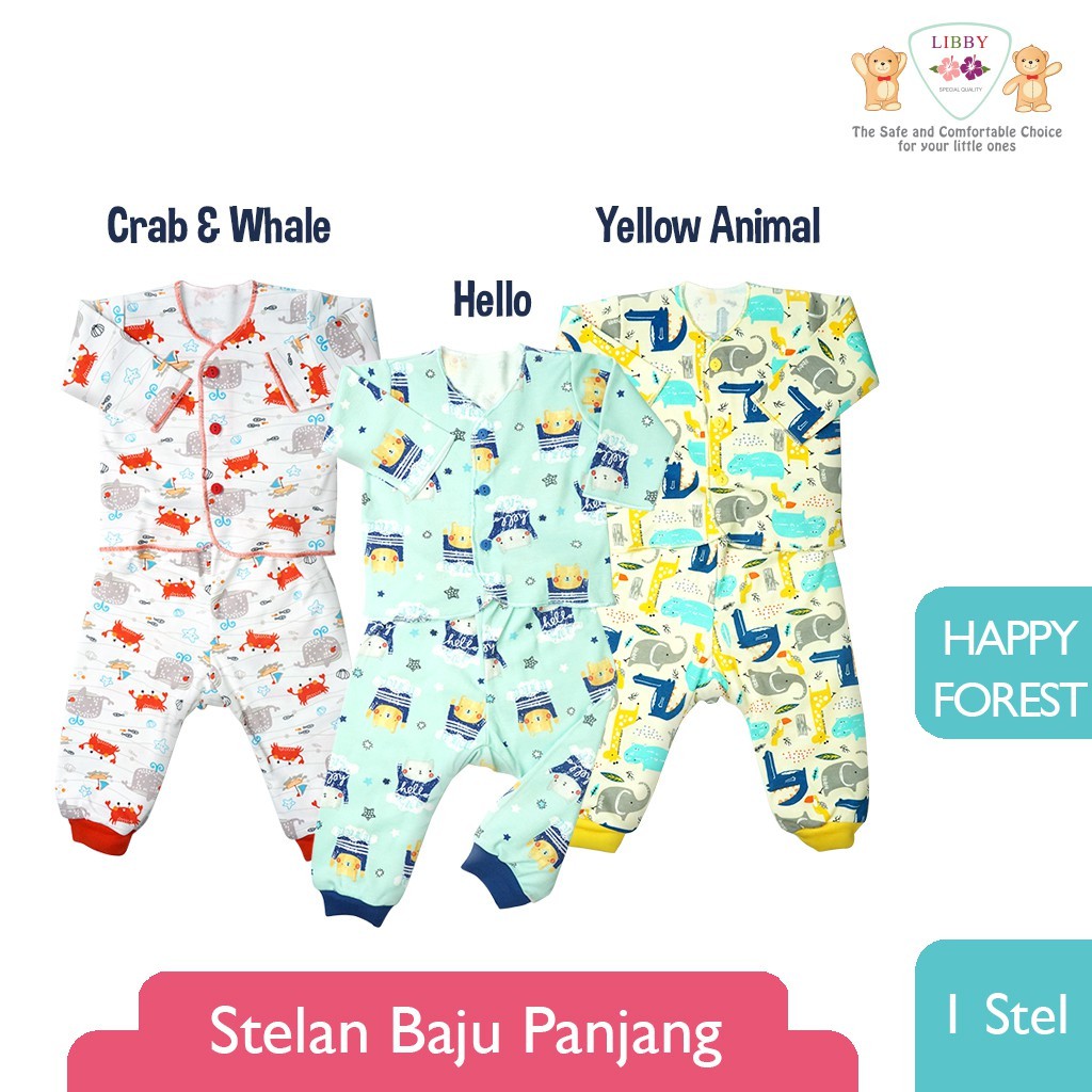 Setelan Baju Panjang dan Celana Panjang Bayi Motif Merk Libby Newborn 0-3m