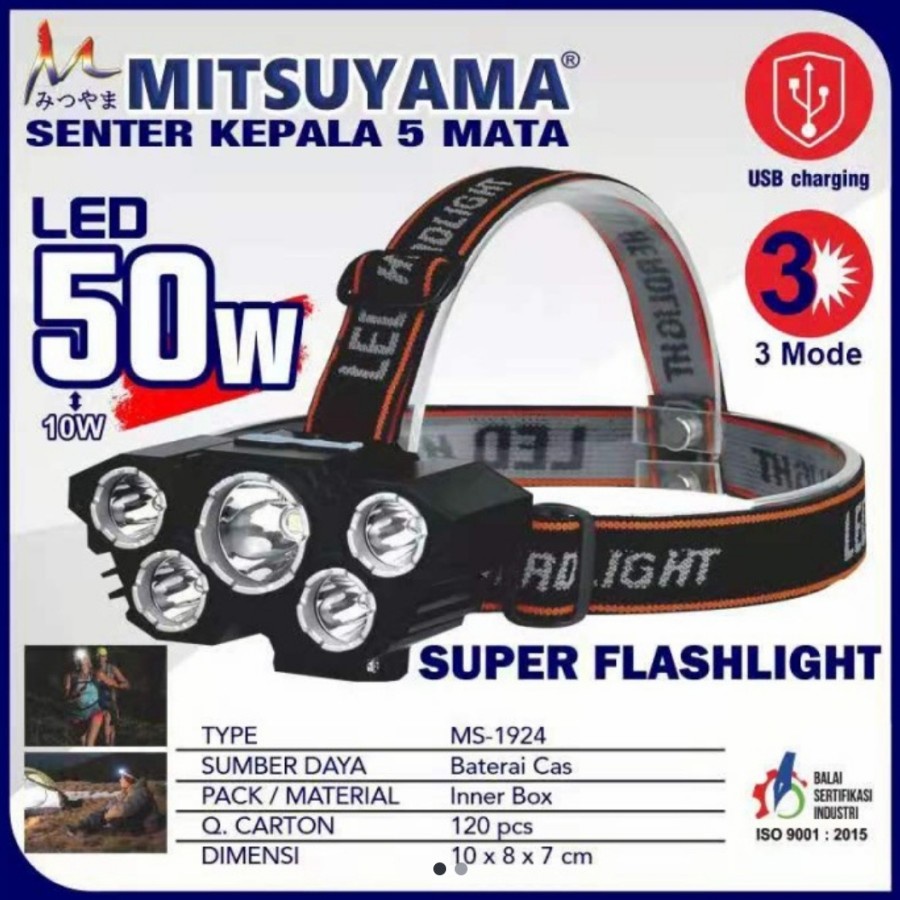 COD SENTER KEPALA MITSUYAMA MS 1924/HEADLIGHT LED USB 50W+10//SENTER KEPALA 5MATA LED 50