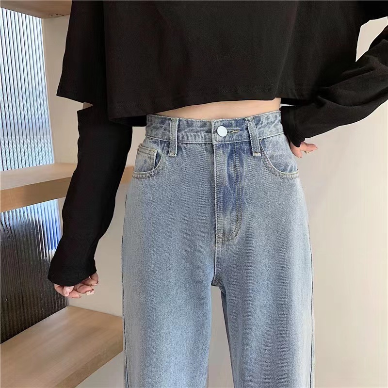 korean style new perpecahan biru high waist kekinian kulot longgar celana jeans panjang wanita