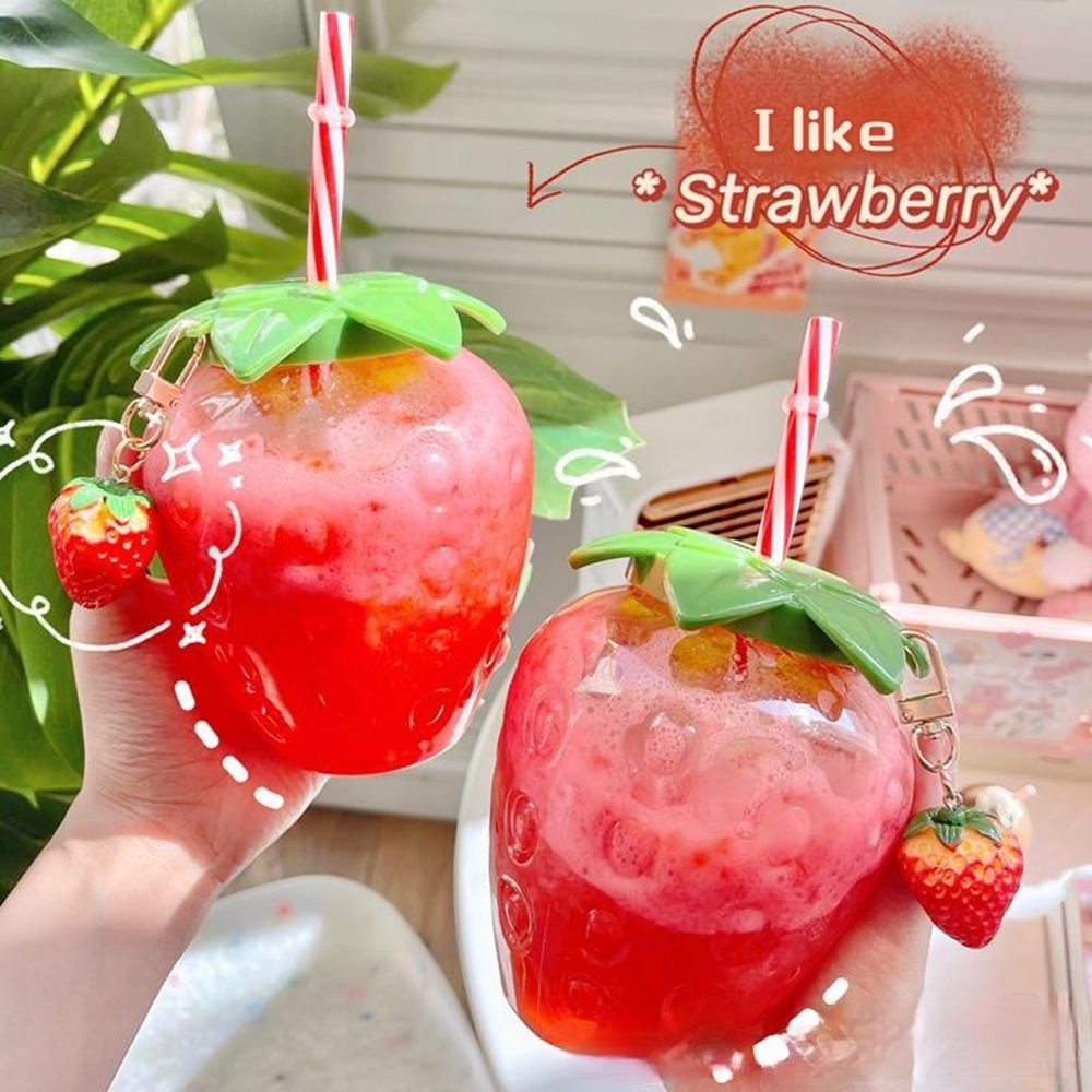 Botol Air Minum Teh Susu Kopi 500ml Motif Kartun Strawberry Dengan Tutup Untuk Hadiah Musim Panas