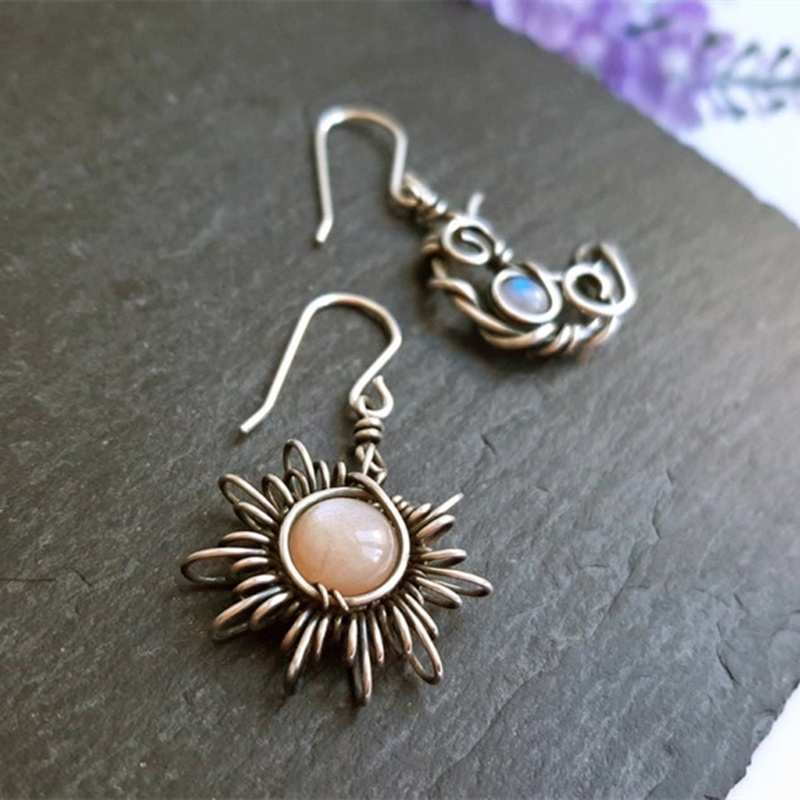 SIY  Antiqued Silver Sun and Moon Hook Earrings Bohemia Celestial Moonstone Dangle Drop Earrings Women Boho Fashion Jewelry