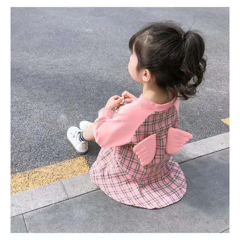 KF CAT Baju Dress Overall Princess Anak Perempuan Lengan Panjang Motif Sayap Import-Pink