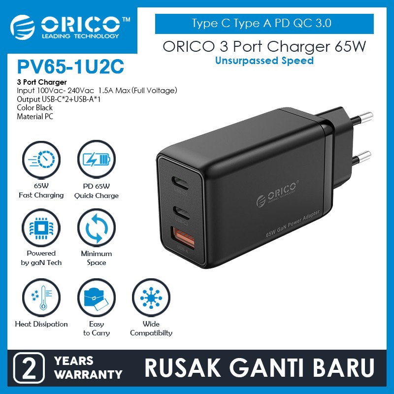 ORICO PV65-1U2C 3 Port Charger 65W Type C Type A PD QC 3.0