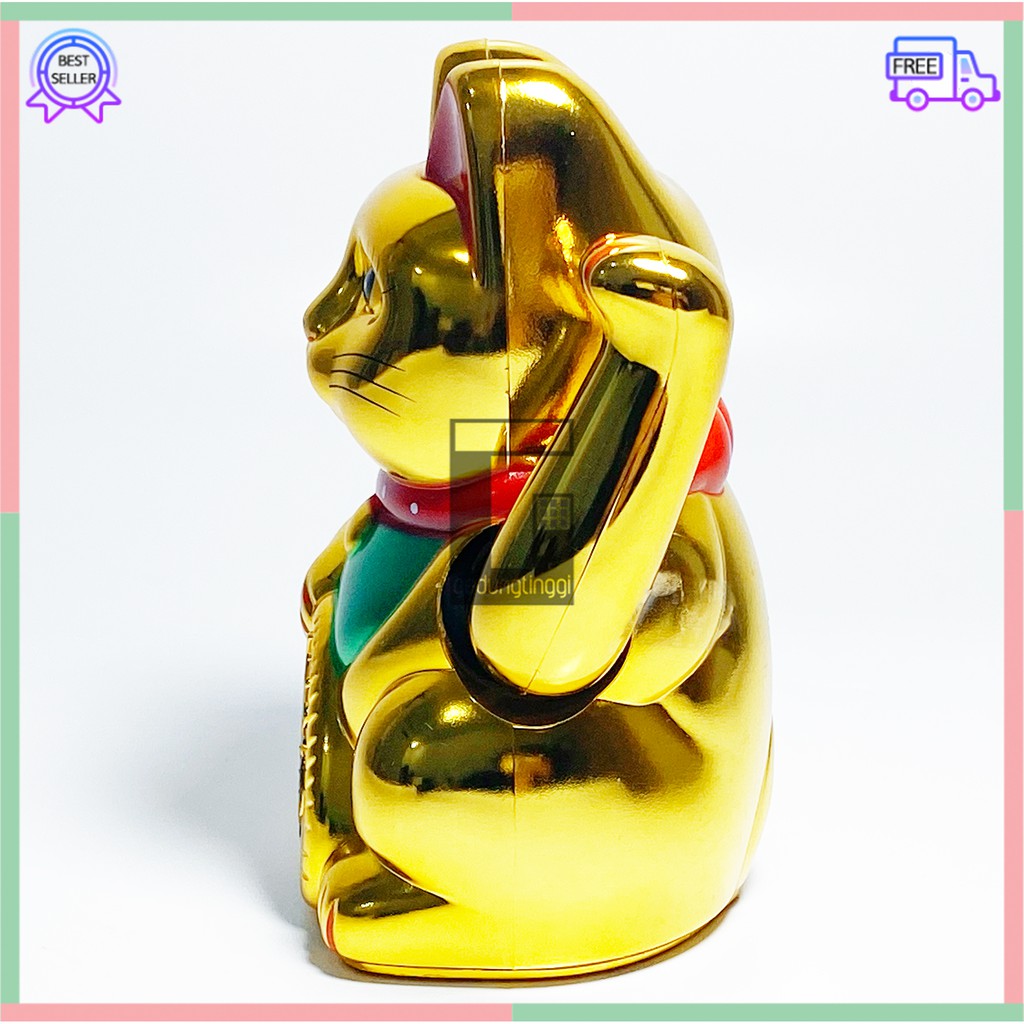 Boneka Hiasan Dekorasi Pajangan Patung Kucing Hoki Keberuntungan Lucky Cat Rejeki Maneki Neko Maneko Neki Emas Gold Tangan Gerak Goyang Baterai Batre Batrai Batrei Non Solar Listrik Jepang Cina China Meja Kasir Toko Size Ukuran Besar Kecil Sedang Medium