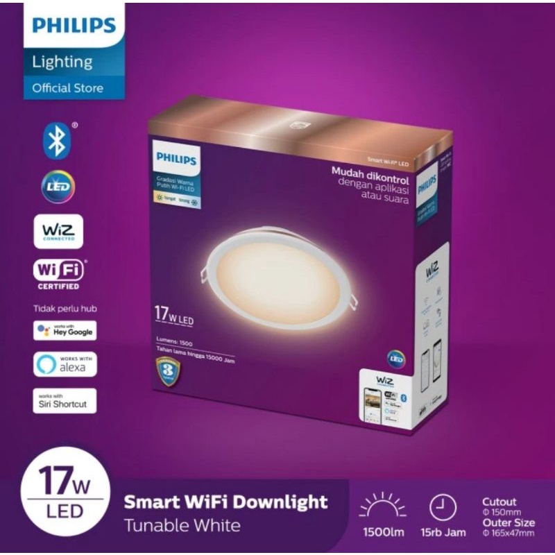 Lampu Philips Smart Wifi LED Downlight 17W - Tunable White (Putih) 17 Watt Panel Ib Bluetooth Hias Plafon Ceiling SNI Original Garansi Resmi Pintar WIZ app