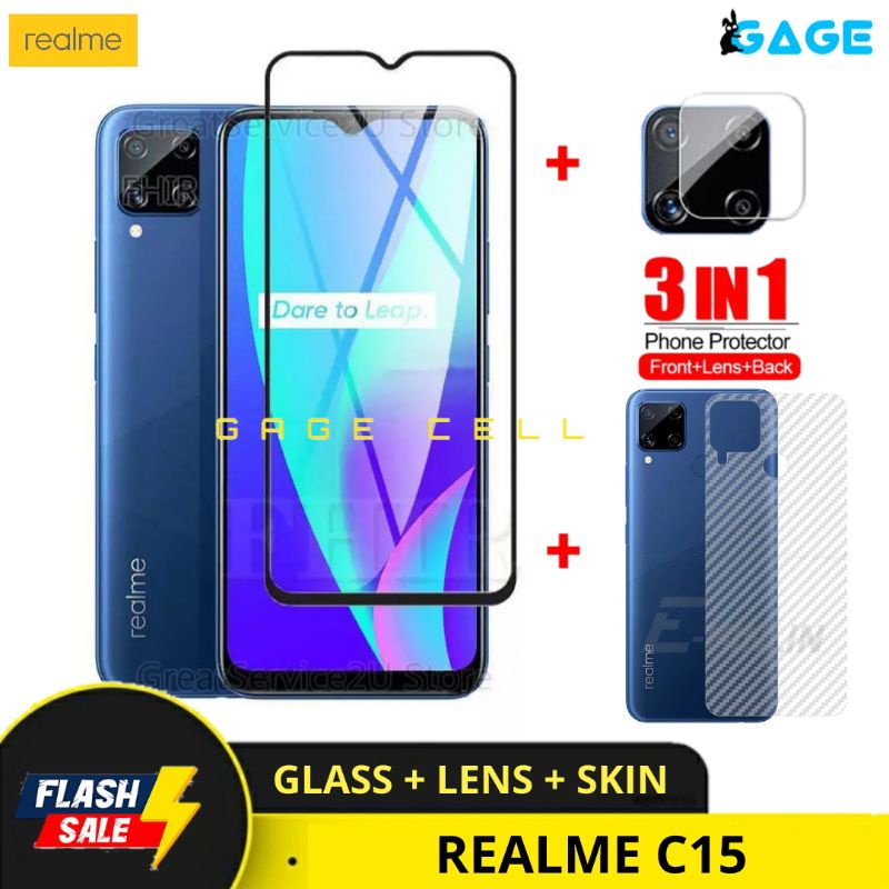 3IN1 TEMPERED GLASS LAYAR KAMERA SKIN CARBON REALME C15 TG ANTI GORES FULL SCREEN PROTECTOR