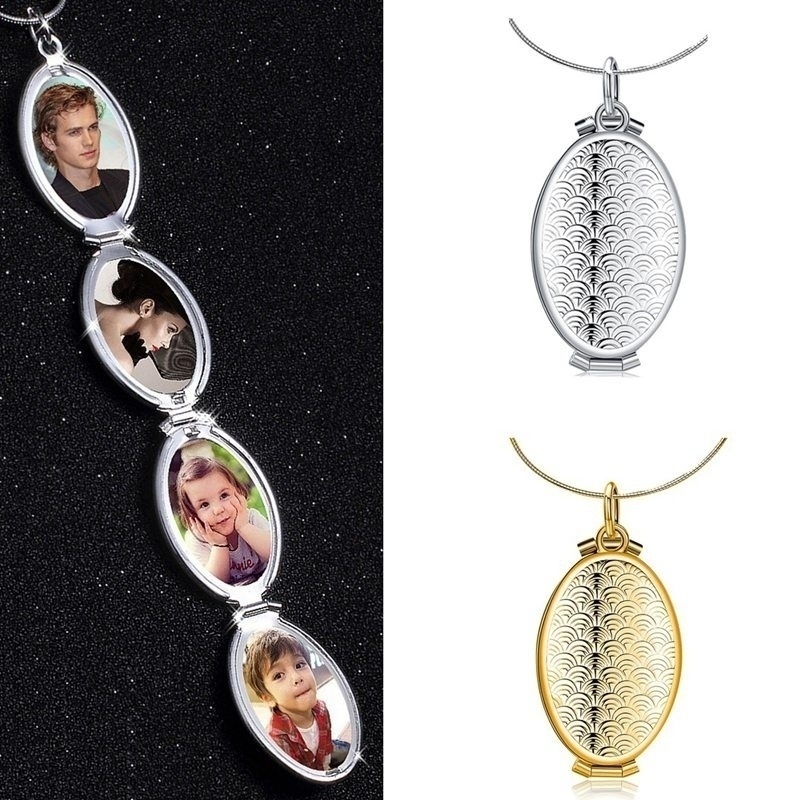 Fish Scale Pattern Oval Locket Pendant 4 Slot Photo Frame Pendant Necklace Gift Jewelry