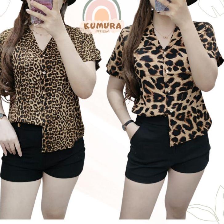 Terlaris.. [kumura] Kemeja / blouse motif Leopard wanita atasan motif macan besar macan kecil baju a