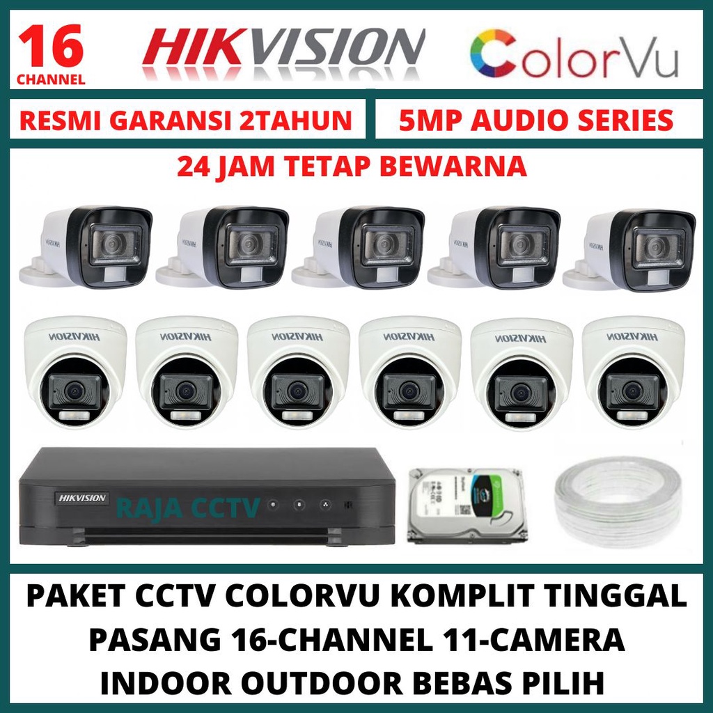 PAKET CCTV HIKVISION 5MP COLORVU 16 CHANNEL 11 CAMERA TURBO HD 3K COLORFUL KAMERA CCTV AUDIO SERIES