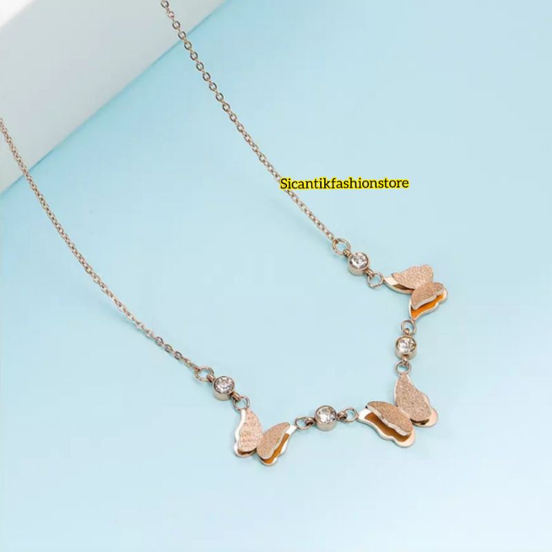 Kalung Titanium Kupu Kupu Rose Gold Fashion Wanita Terlaris Anti Karat Tidak Luntur Kalung Wanita Kekinian Terbaru Mewah