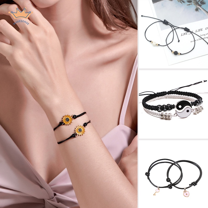 2pcs Gelang Tali Persahabatan Anyaman Krisan Bunga Matahari Fashion Wanita &amp; Pria Adjustable Couple