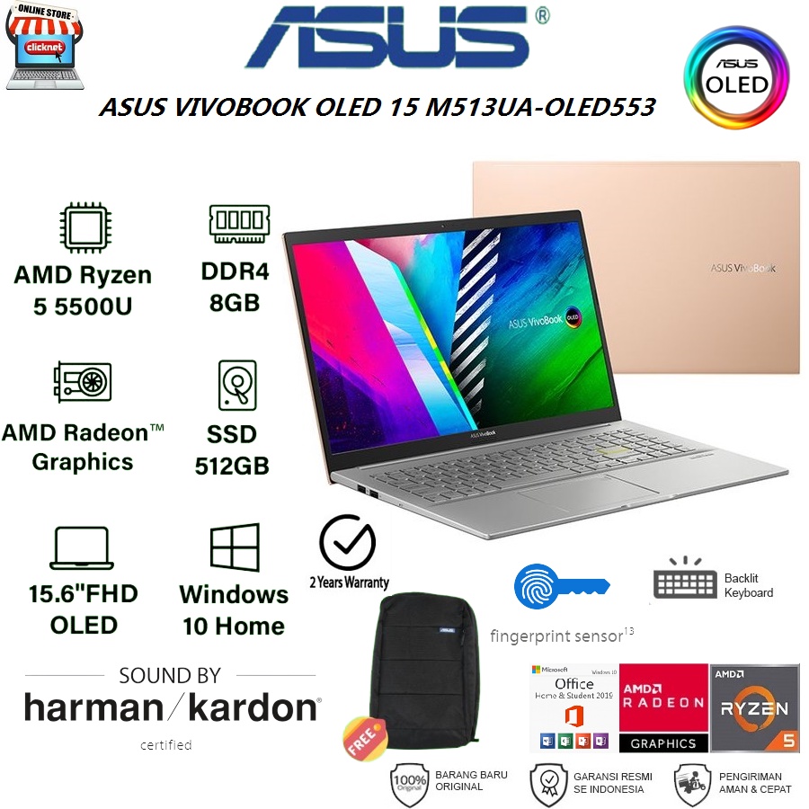 ASUS VIVOBOOK 15 M513UA-OLED551 AMD RYZEN 5-5500U 8GB 512GB SSD 15.6" WIN10 OHS