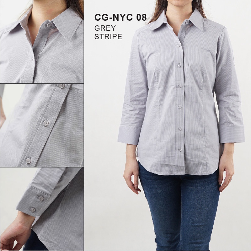 Kemeja Wanita Formal Full Kancing Lengan 7/8 Motif Stripe Katun Twill Stretch-CG-NYC 08 GREY STRIP