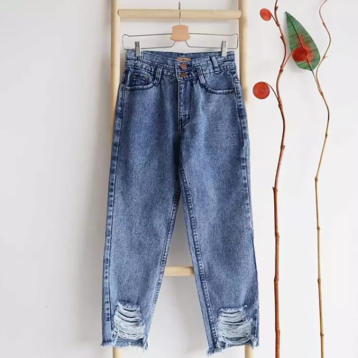 BOYFRIEND JEANS WANITA SOBEK BAWAH SNOW BLACK JEANS TEBAL IMPORT BOYFRIEND HIGH WAIST JINS CEWEK MURAH